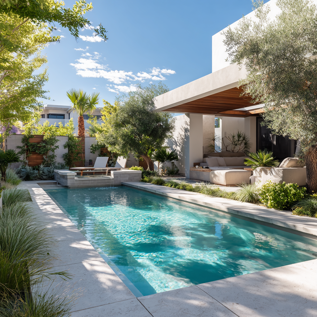 Photorealistic 3D rendering of a refined outdoor living environment at golden hour
