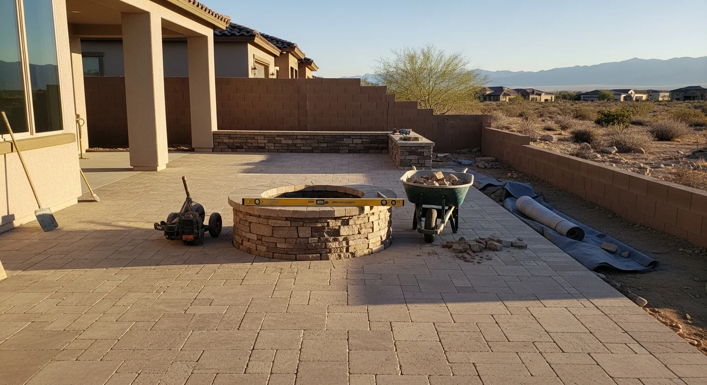 Completed hardscape patio with firepit and landscape lighting