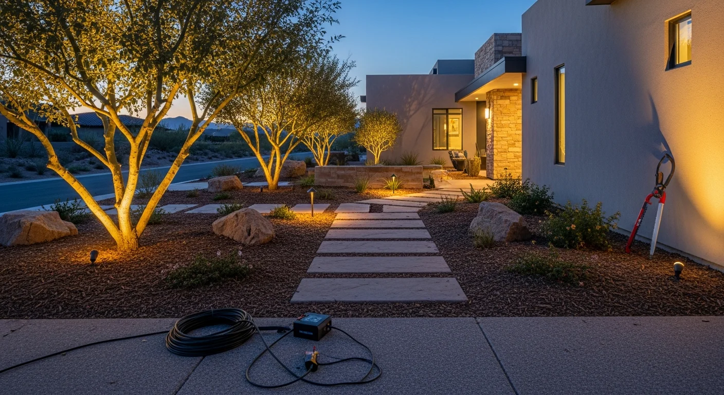 Landscape lighting illuminating trees and hardscape features at night