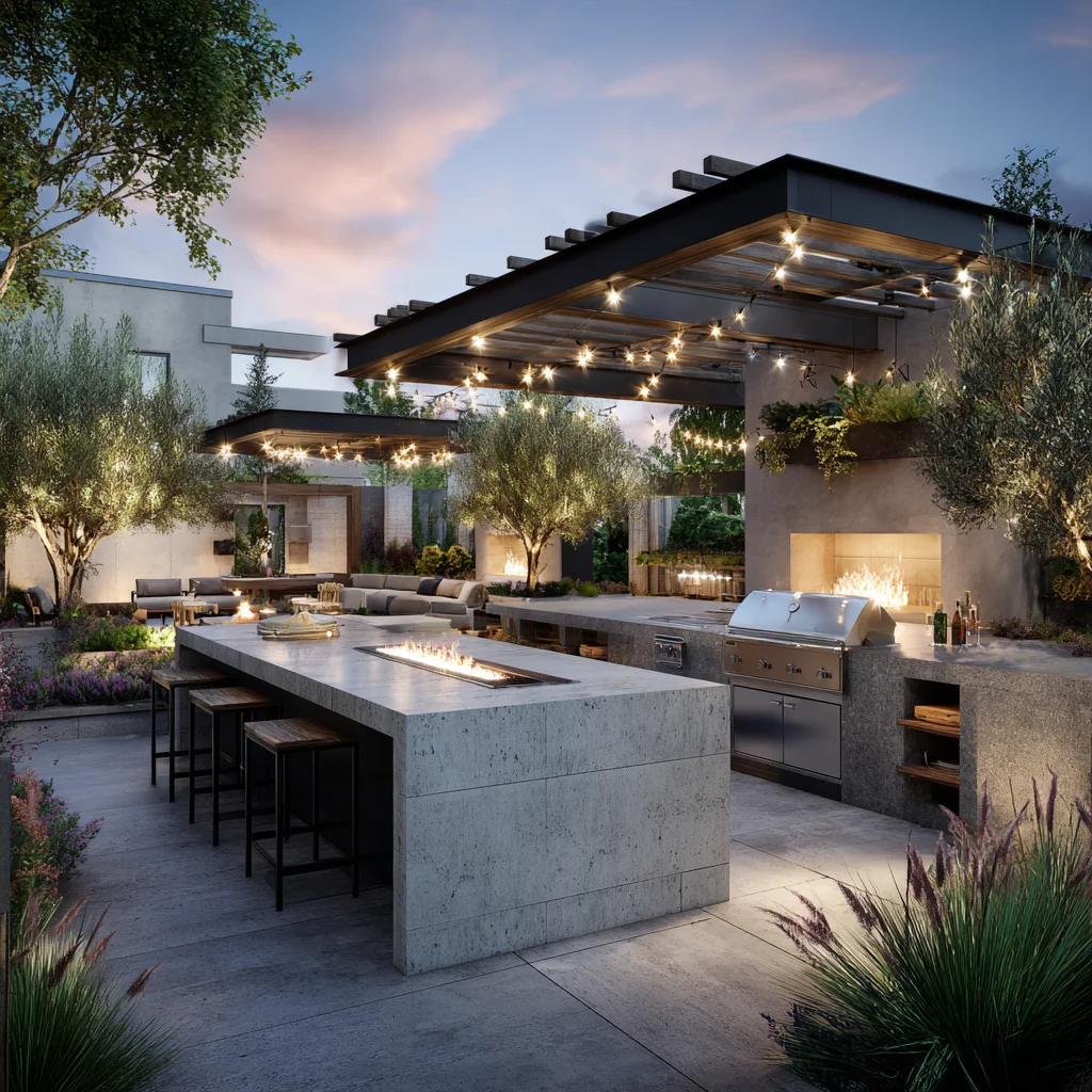 Modern patio with concrete kitchen island, pergola, and landscape lighting at dusk