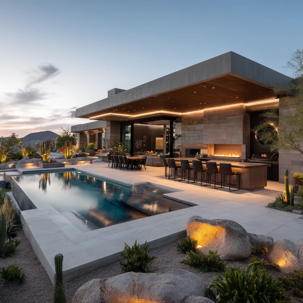 Modern luxury poolside patio with infinity pool, outdoor kitchen pavilion, and desert landscaping at dusk