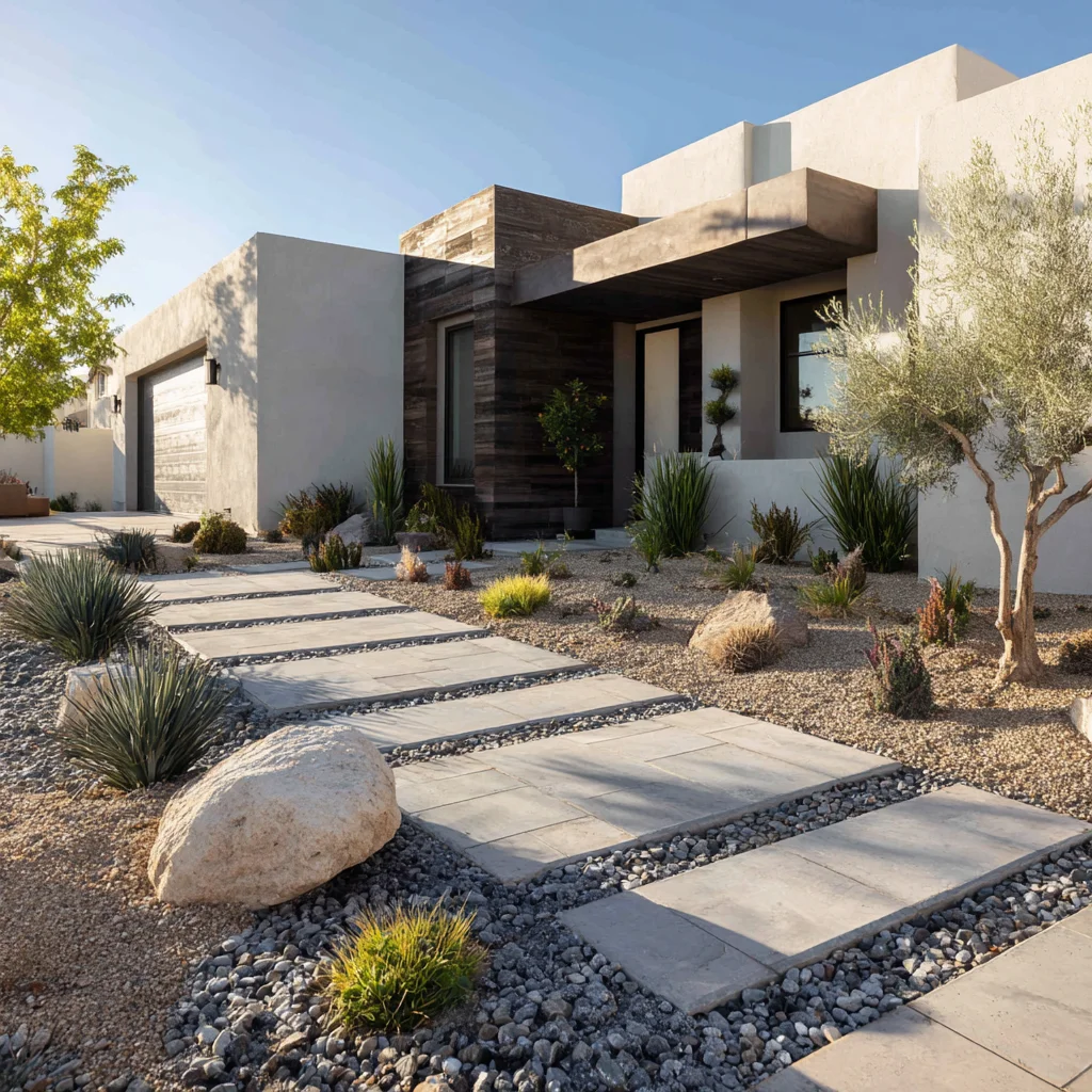 Modern home with geometric paver walkway, desert plants, and river rock landscaping