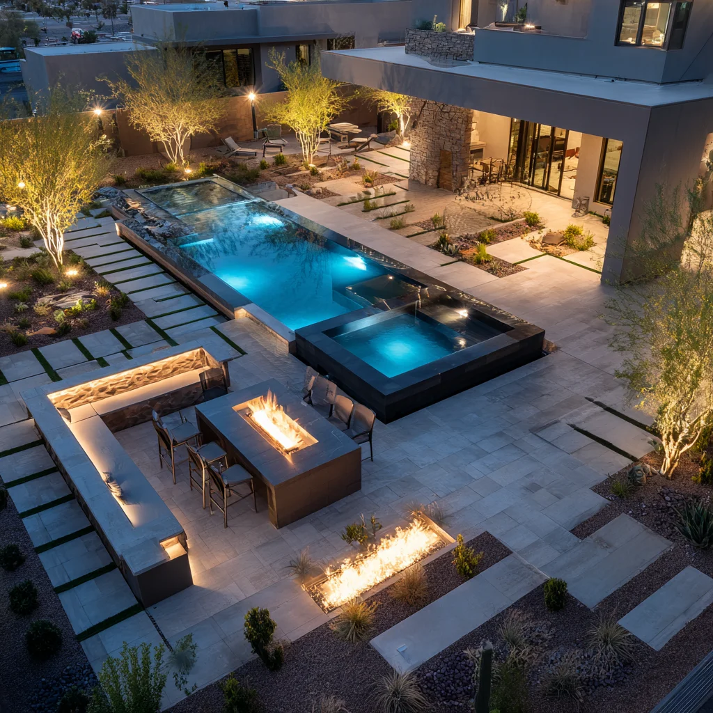 Illuminated modern courtyard with blue-lit pool, fire pits, and uplighting on desert plants