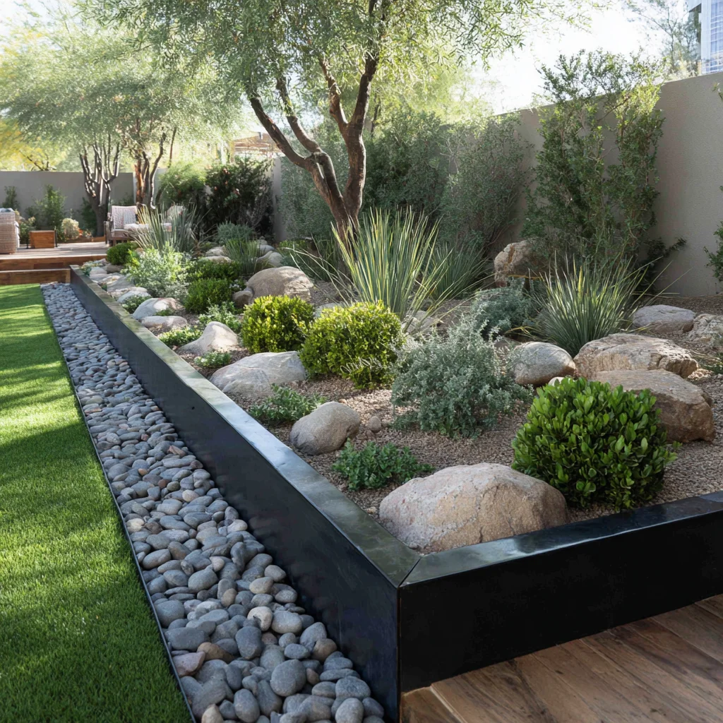Modern raised planter bed with steel edging, river rock, and desert plants in Las Vegas yard
