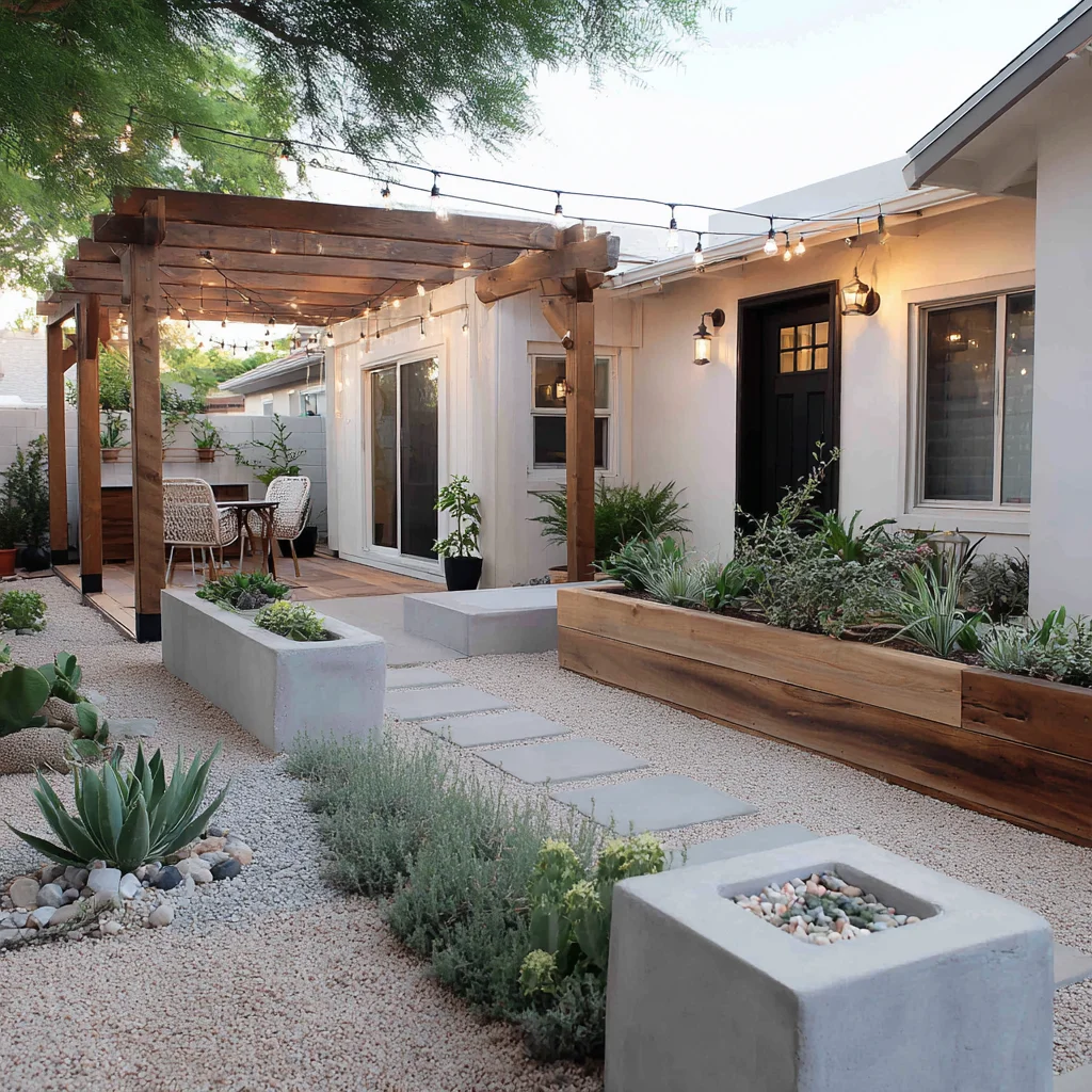 Modern courtyard with wooden pergola, concrete planters, and desert landscaping
