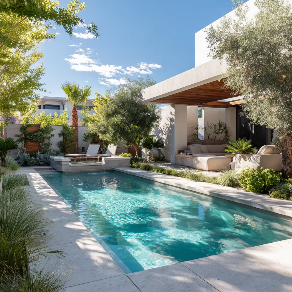 Modern pool courtyard with pergola, concrete decking, and desert landscaping