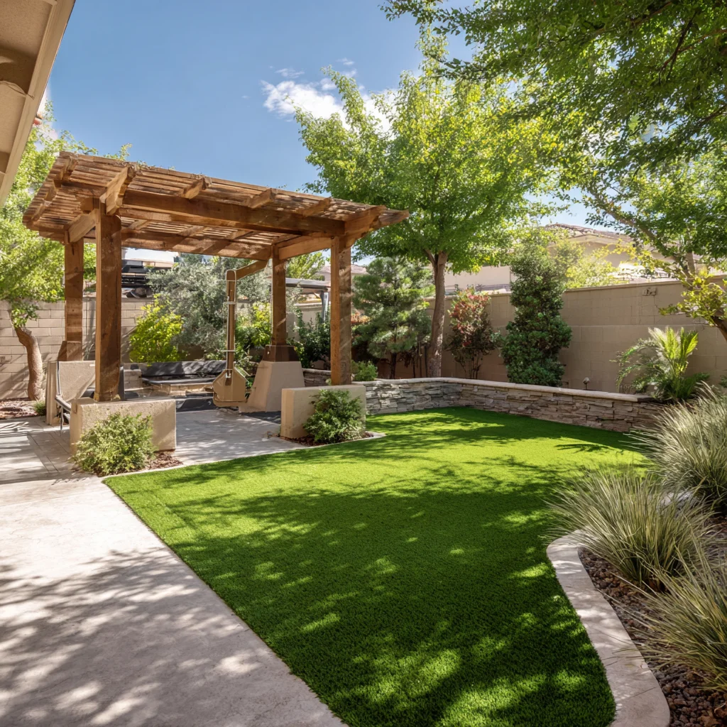 Modern backyard with artificial turf, wooden pergola, stone walls, and desert landscaping