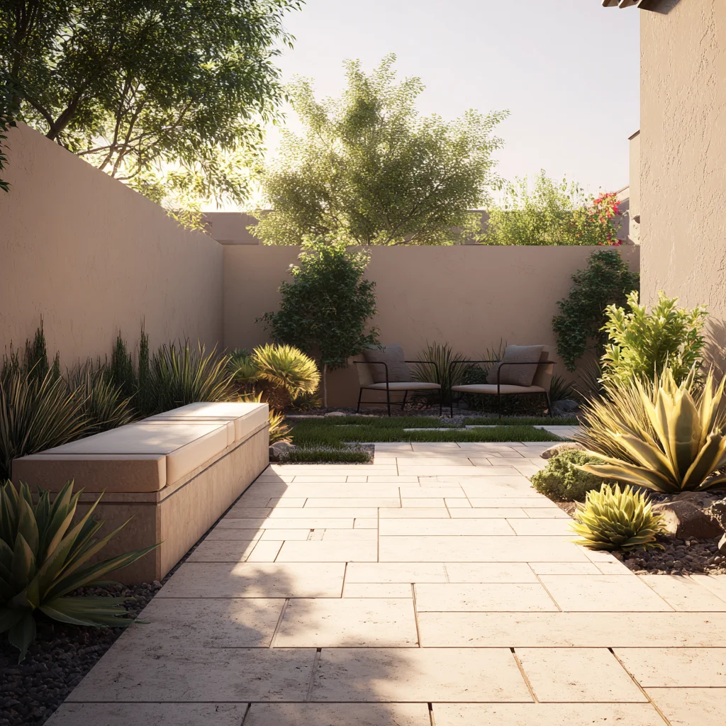 Contemporary backyard courtyard with stone pavers, built-in seating, and desert landscaping