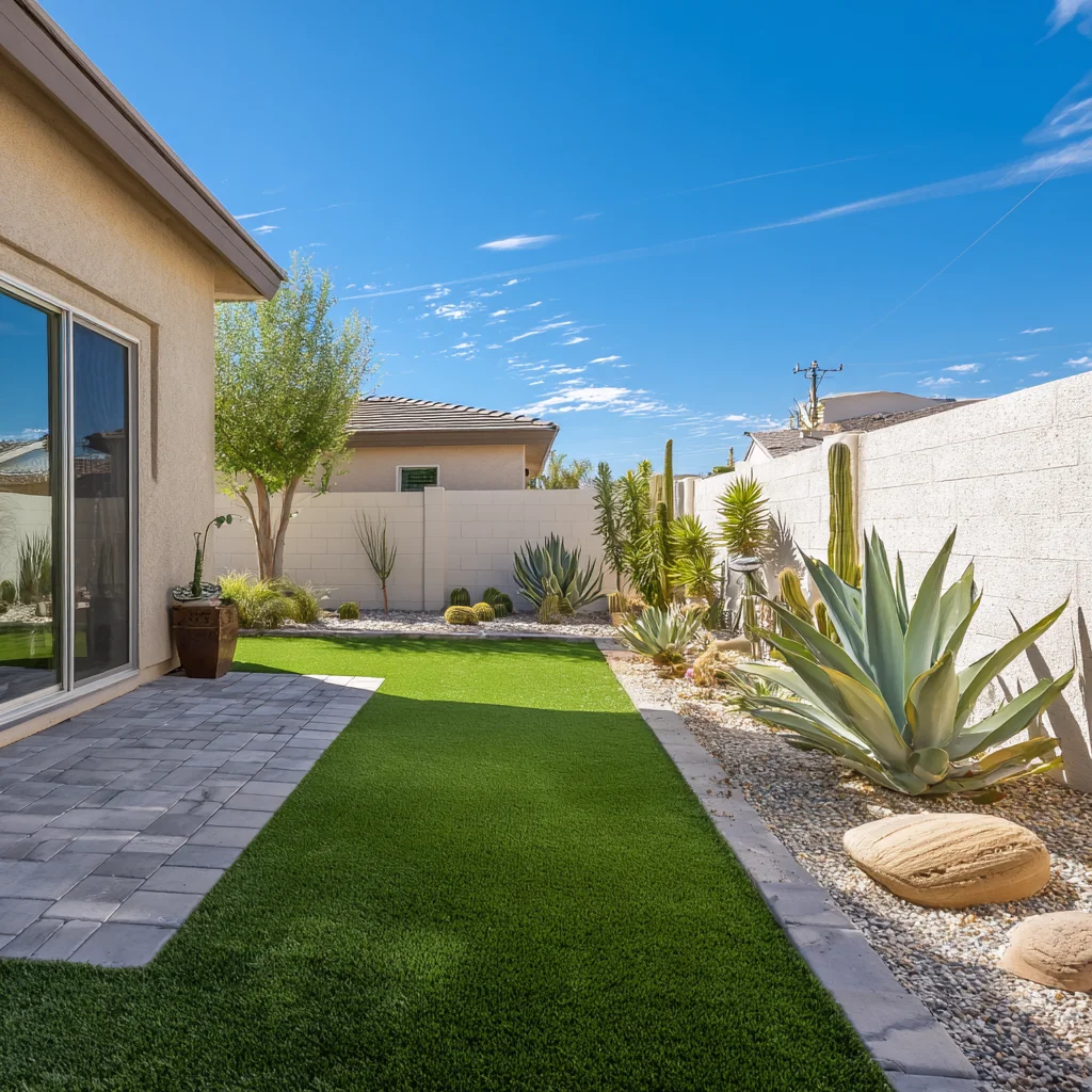 Modern backyard with synthetic grass, desert plants, and gray pavers under clear blue sky