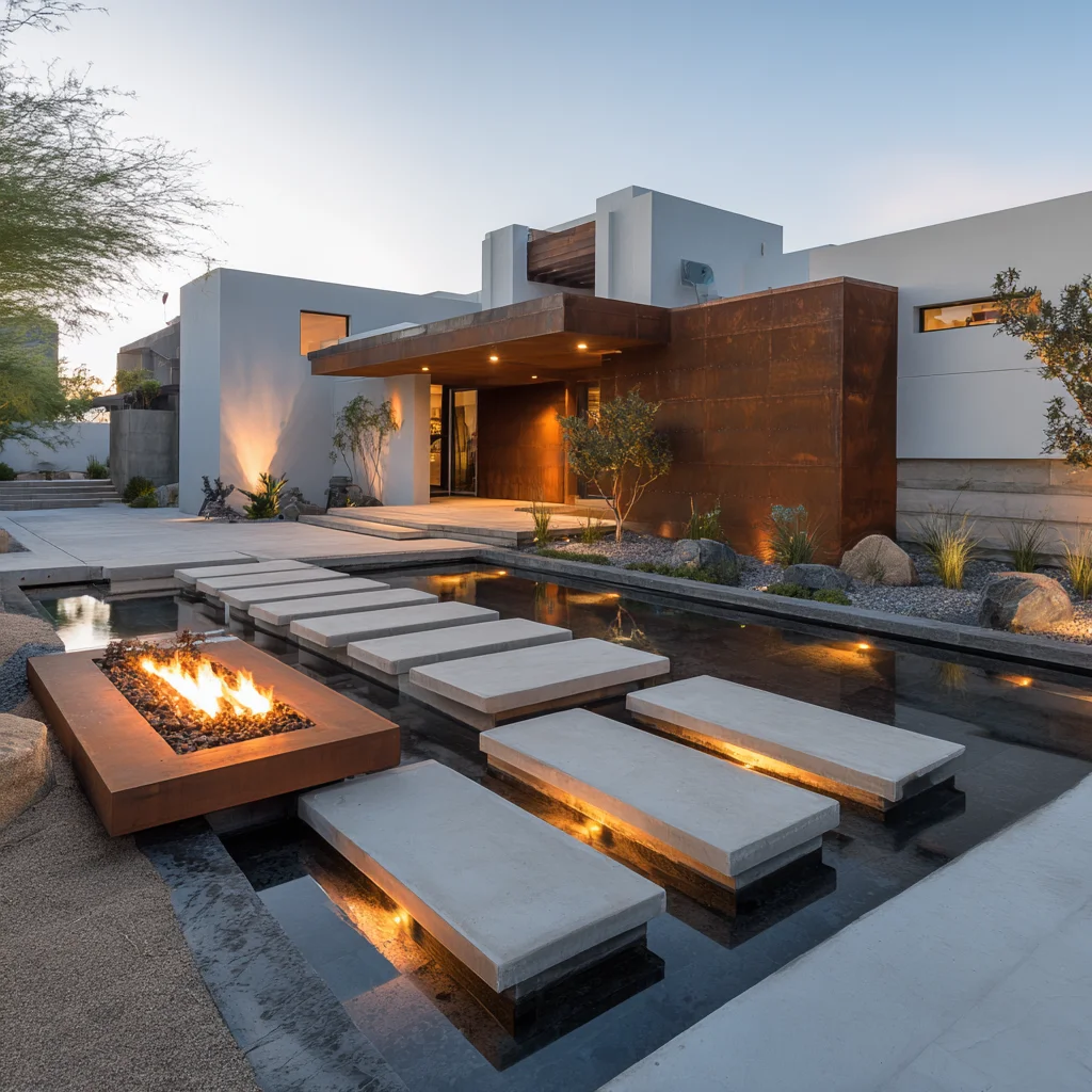 Modern home with illuminated reflection pond, concrete stepping stones, and fire feature at dusk