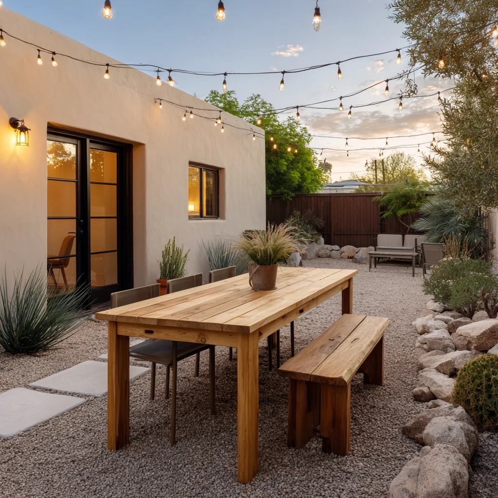 Modern desert courtyard with wooden dining table, string lights, and native plantings at dusk