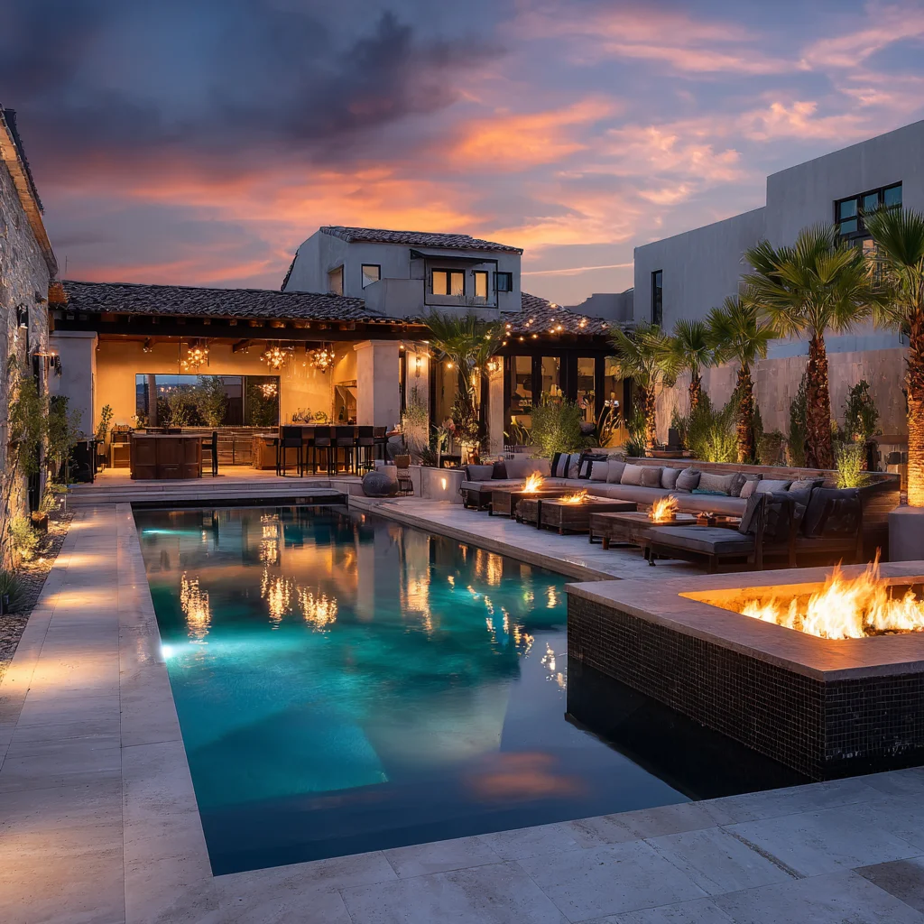 Illuminated luxury pool with fire pits, lounge seating, and modern home at dusk