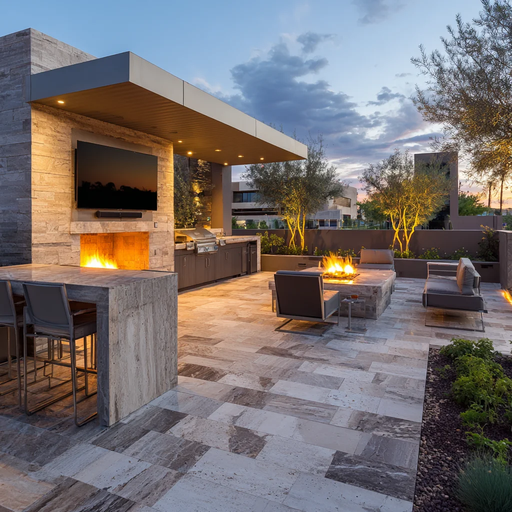 Modern rooftop patio with fireplace, outdoor kitchen, fire pit, and uplighting at dusk