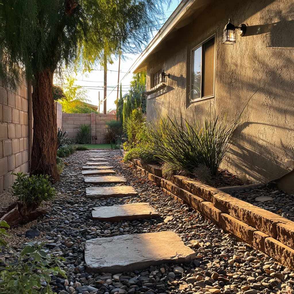 Desert side yard with stepping stone path, river rock, timber border, and ornamental grasses