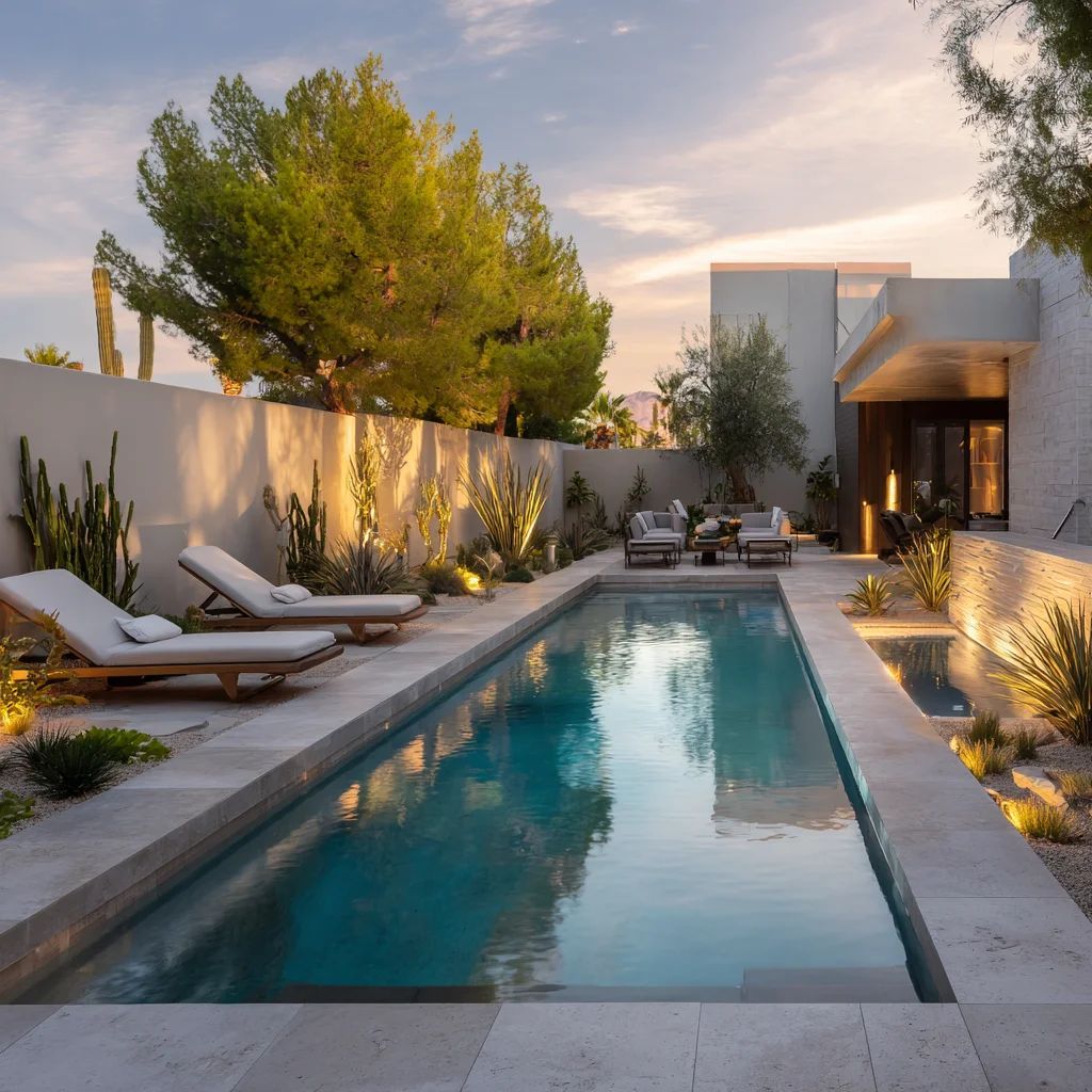Modern courtyard with rectangular pool, white walls, desert plants, and lounge chairs at sunset