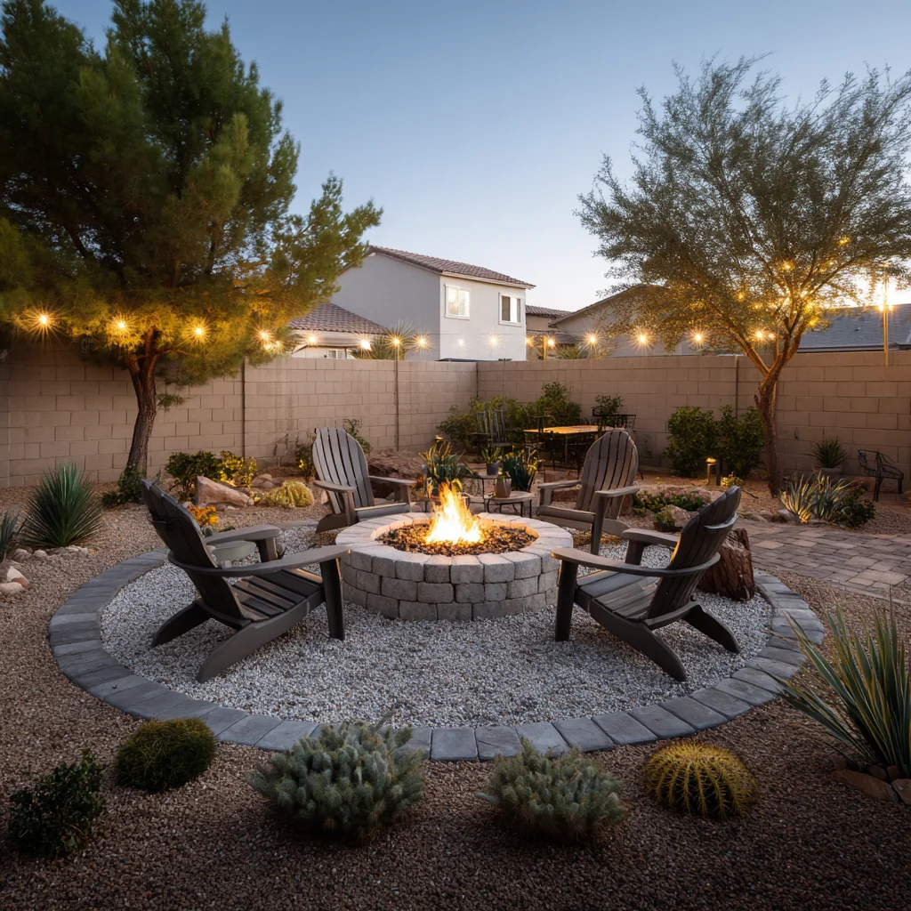 Illuminated backyard firepit with stone surround, black Adirondack chairs, and desert landscaping