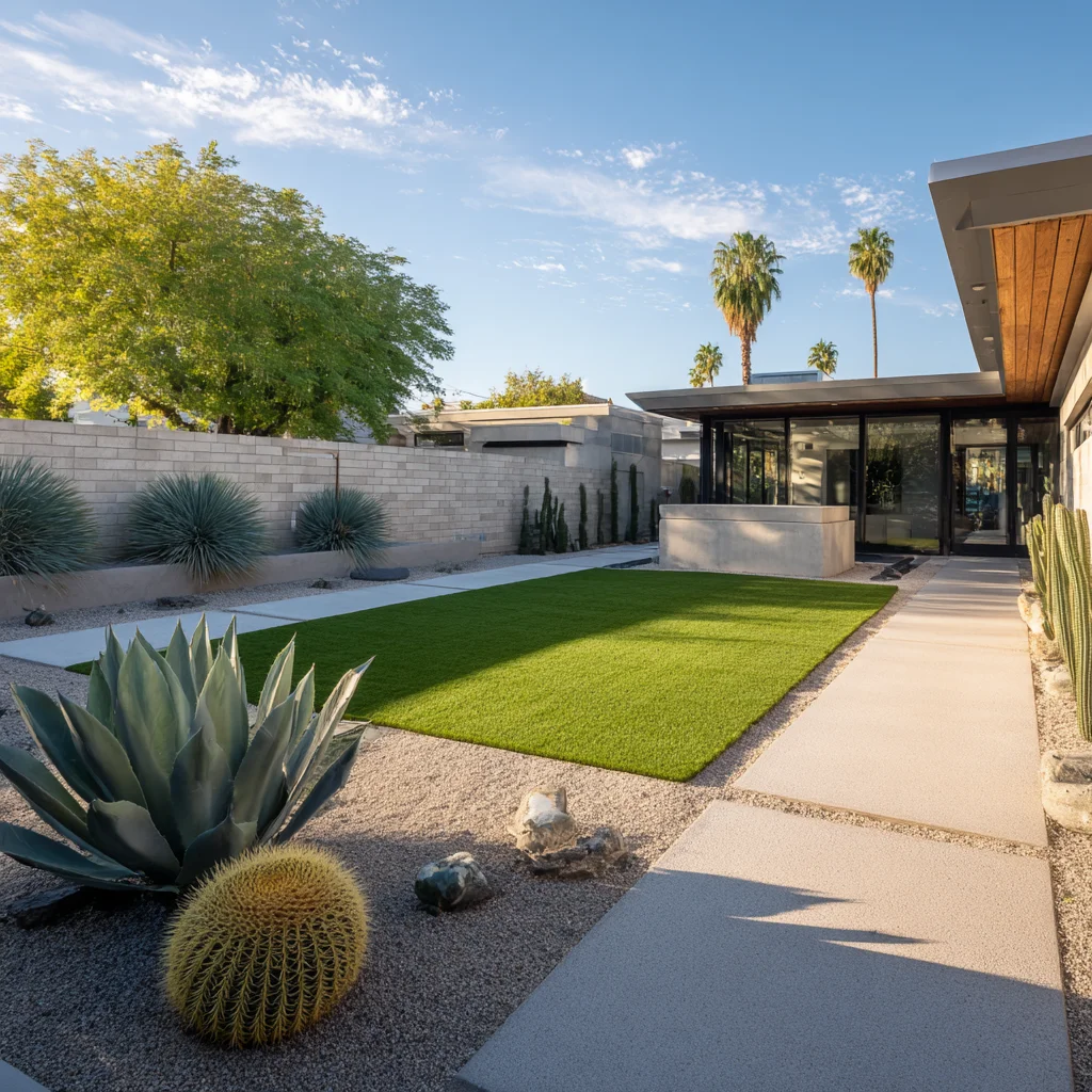 Modern desert backyard with synthetic lawn, cacti, gravel, and contemporary patio
