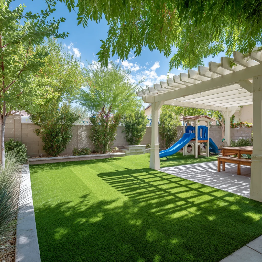 Backyard with artificial turf, white pergola, trees, and children's play equipment