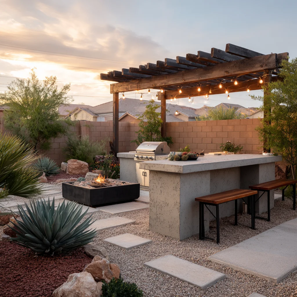 Modern desert backyard with concrete kitchen island, wood pergola, fire pit, and native landscaping at dusk