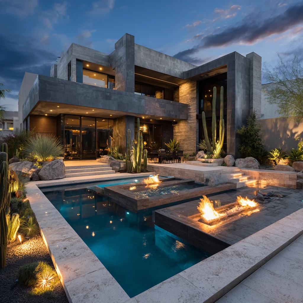Modern home courtyard with illuminated pool, fire features, and desert landscaping at dusk