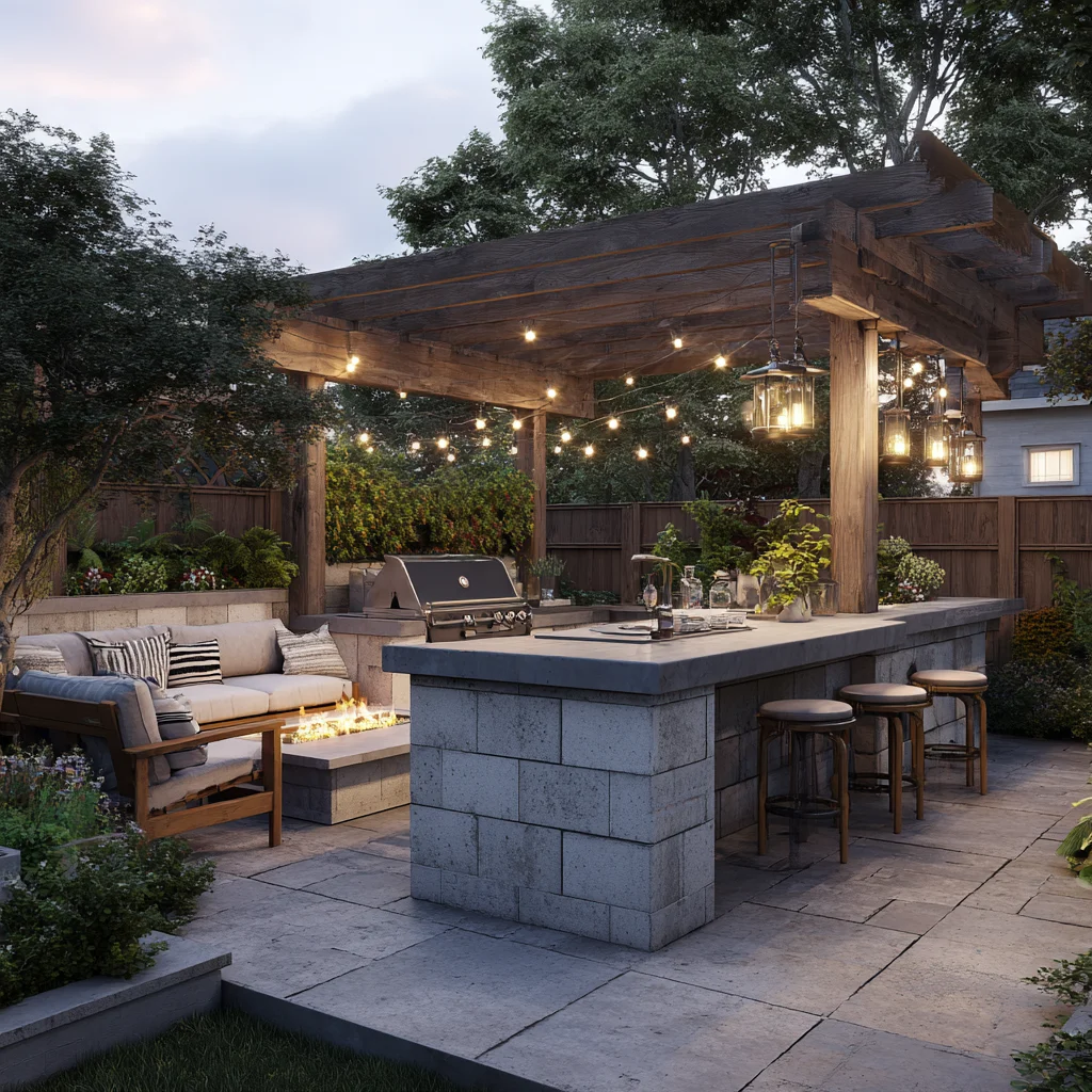 Modern backyard with concrete island kitchen, pergola, and fire pit seating area