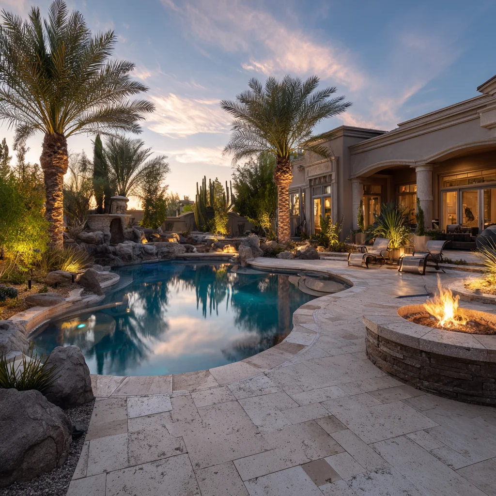 Luxury backyard with freeform pool, palm trees, fire pit, and modern home at dusk