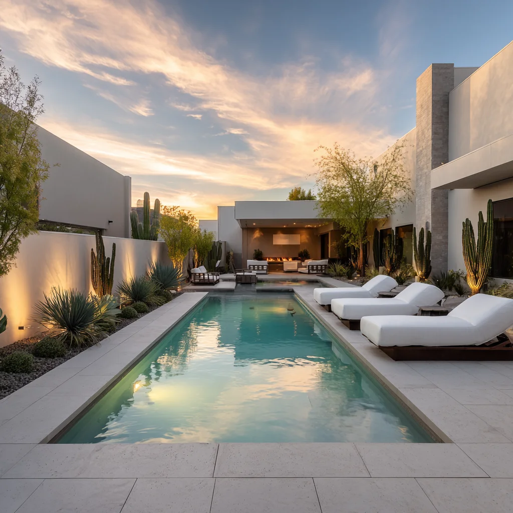 Modern courtyard with rectangular pool, white loungers, desert plants, and lit architectural features at sunset