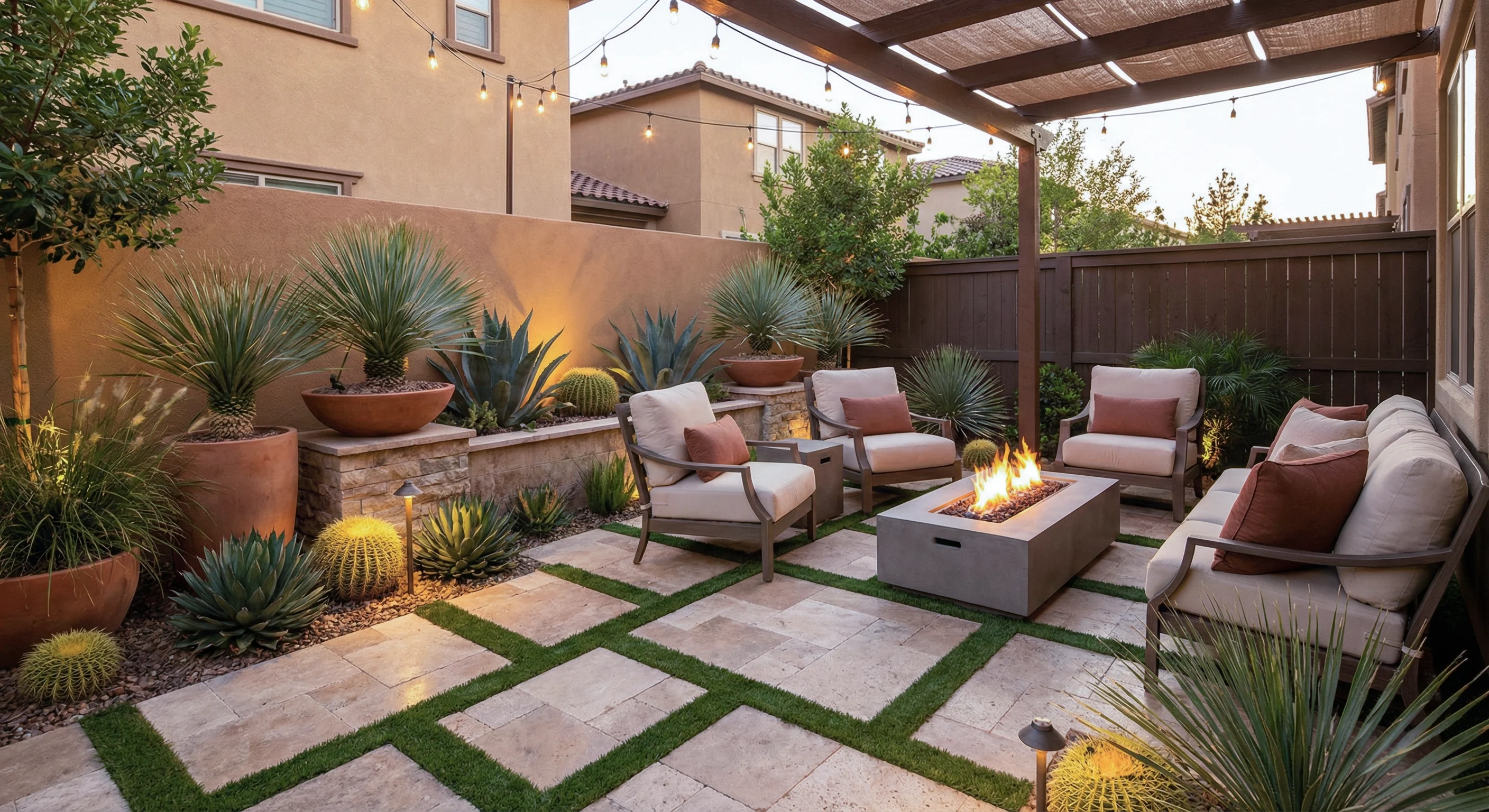 Contemporary patio with geometric stone pavers, turf strips, desert plants, fire pit, and pergola