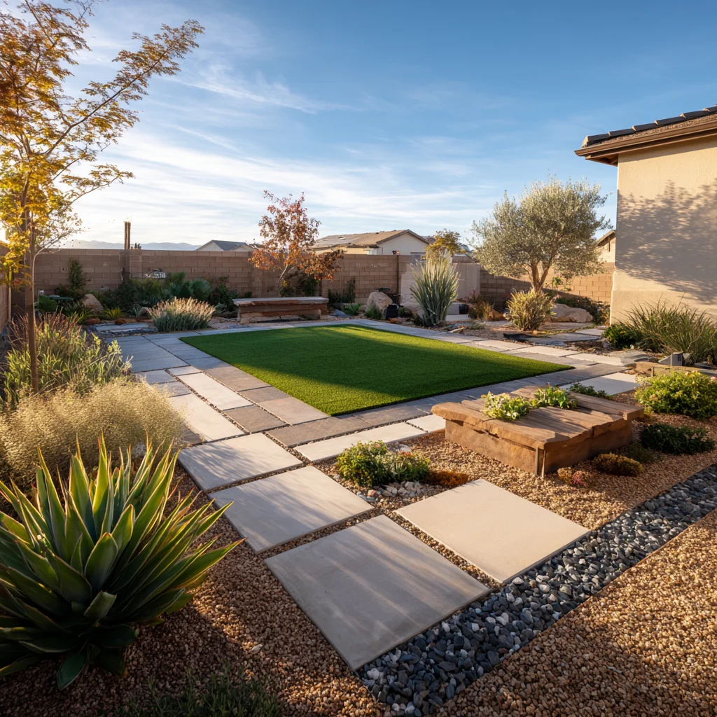 Contemporary backyard with green lawn, concrete pathways, desert plants, and wooden bench seating