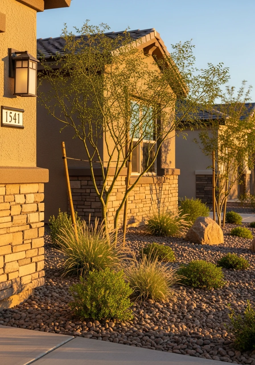 Close-up of a Henderson home's exterior with desert landscaping and architectural detail.