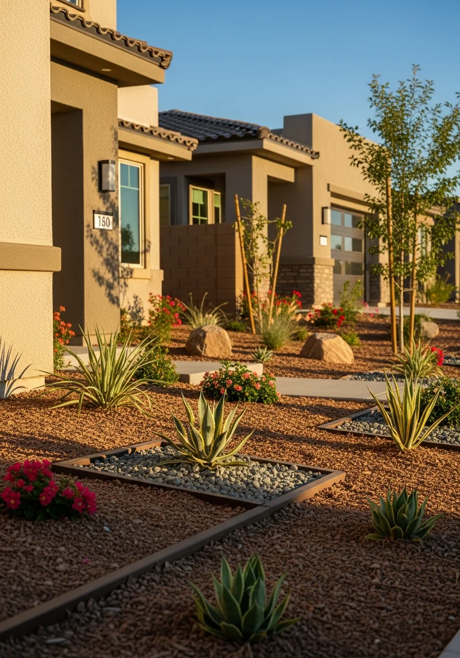Exterior view of a Las Vegas home with modern design and native desert plants.