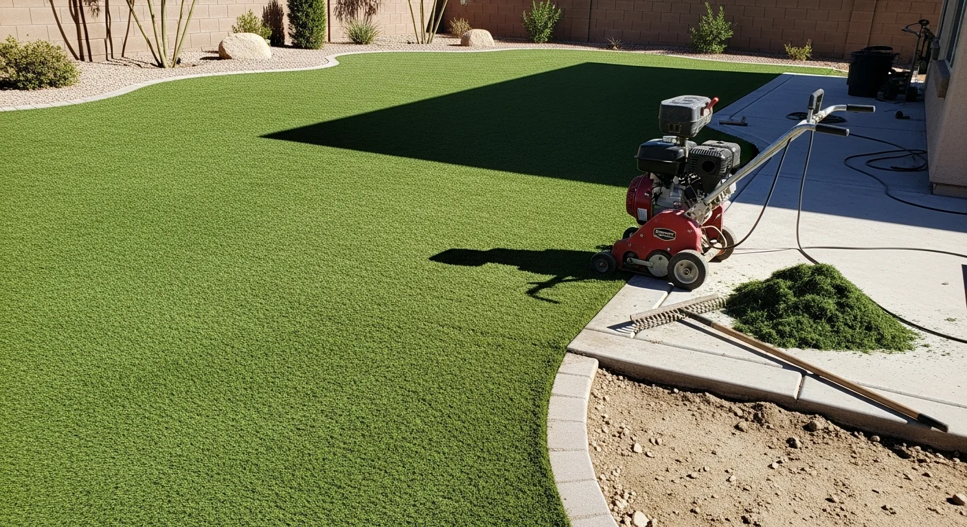 Freshly installed artificial turf in a Henderson, Nevada residential backyard, showing clean seam lines, a compacted base edge, and an even green surface alongside a desert-style patio. The yard reflects a low-water landscape typical of Henderson master-planned community homes.