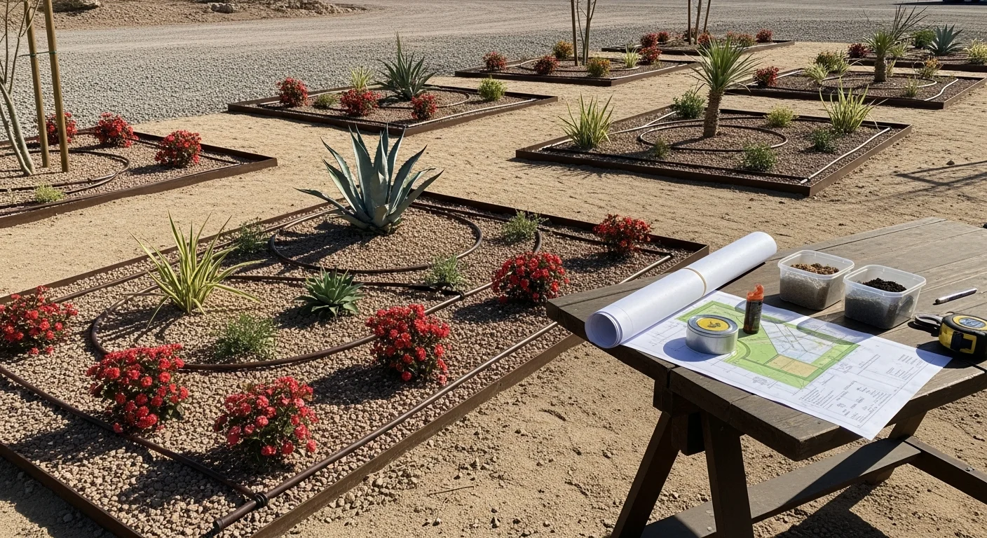 A finished commercial landscape at a Henderson, NV office property featuring structured desert plantings, decorative rock, and a paved walkway entry. The design reflects a low-water layout suited to Southern Nevada's arid climate.