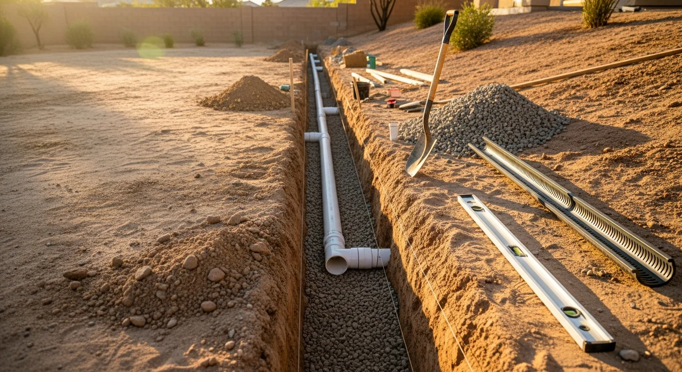 A completed landscape drainage system installation in a Henderson residential backyard, showing a channel drain set into desert landscaping with gravel and native ground cover. Water is directed away from the home's foundation toward a dry creek bed running along the property edge.