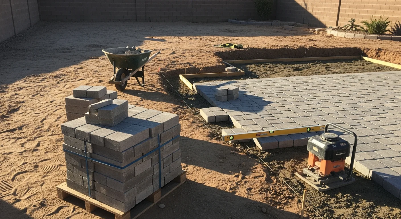 A finished backyard hardscape installation in Henderson, Nevada, showing a paved patio with a retaining wall and walkway built from desert-toned stone. The space is set against a clear blue sky typical of Southern Nevada.