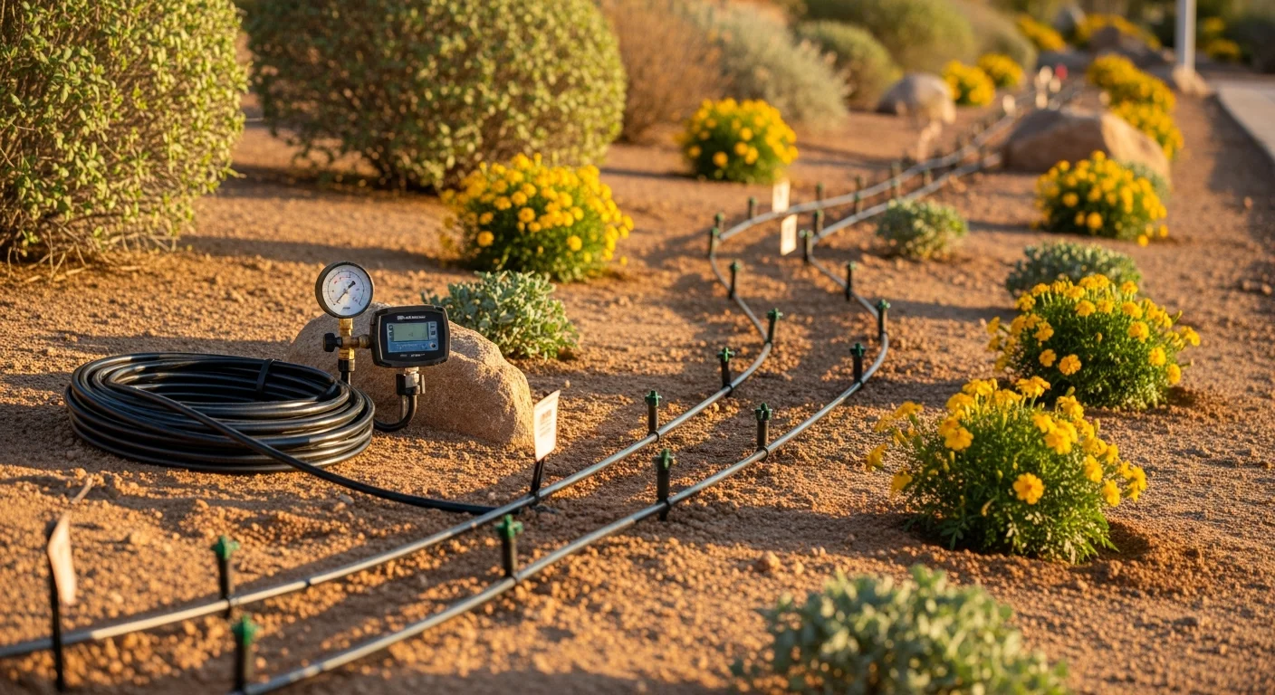 A freshly installed residential irrigation system in a Henderson, Nevada yard, showing drip lines running along desert plants and a controller mounted on an exterior wall. The landscape includes zoned spray heads near a turf area and drip emitters positioned at the base of drought-tolerant shrubs.