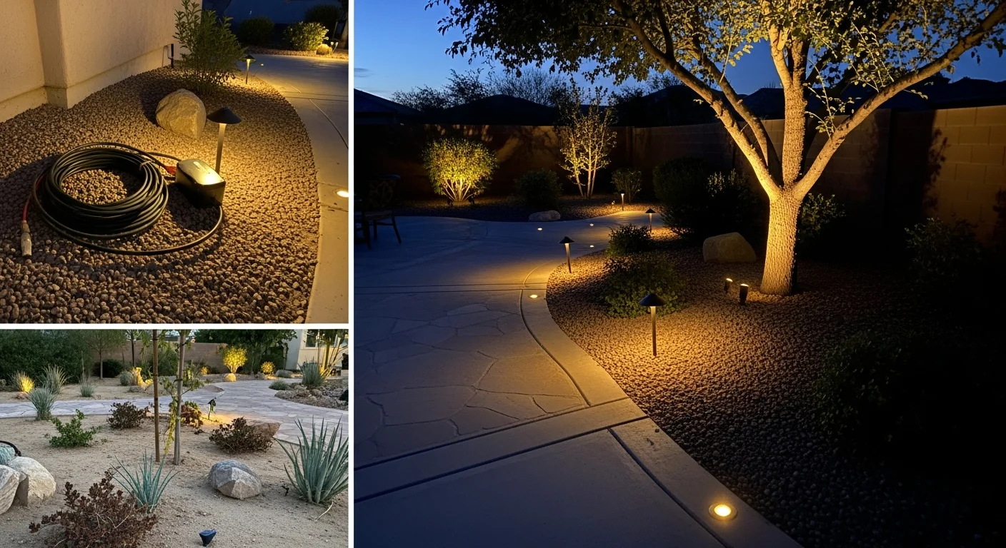 Professionally installed landscape lighting along a desert-style front yard pathway in Henderson, NV, with low-voltage uplights illuminating native plants and a stucco home exterior at night. Warm-toned LED fixtures highlight the walkway edge and a mature tree near the entry.
