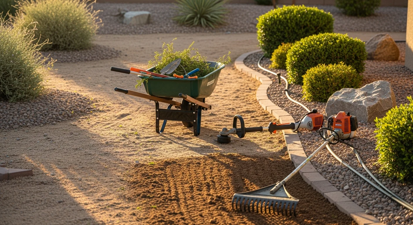 A well-maintained Henderson, NV residential front yard featuring trimmed desert shrubs, clean rock beds, and edged turf borders under bright desert sunlight. A palm tree stands near the property entrance with freshly cleared fronds and tidy surrounding ground cover.