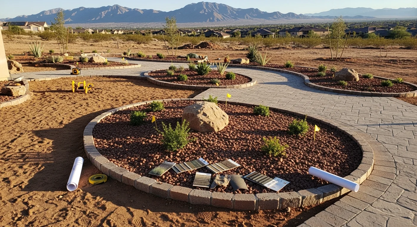 A renovated Henderson residential backyard featuring drought-tolerant plantings, decorative rock ground cover, and integrated stone hardscape designed for desert conditions. The front yard shows a clean, structured layout with defined planting zones and gravel pathways suited to Southern Nevada's arid climate.
