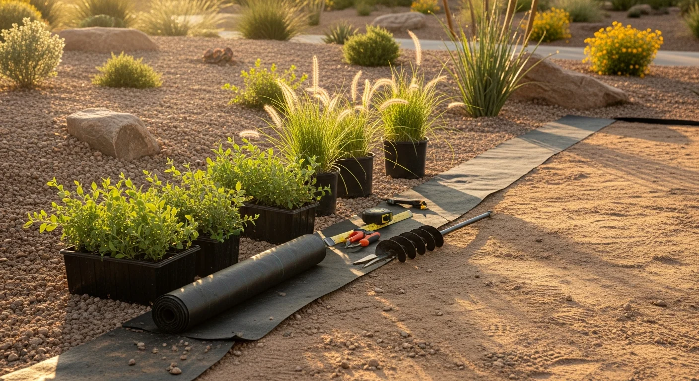 A Henderson residential backyard featuring a layered luxury softscape design by Aldana Studios LLC, with heat-tolerant flowering shrubs, ornamental grasses, and a canopy tree providing shade over a paved patio. The planting beds follow the home's architectural lines against a clear desert sky.
