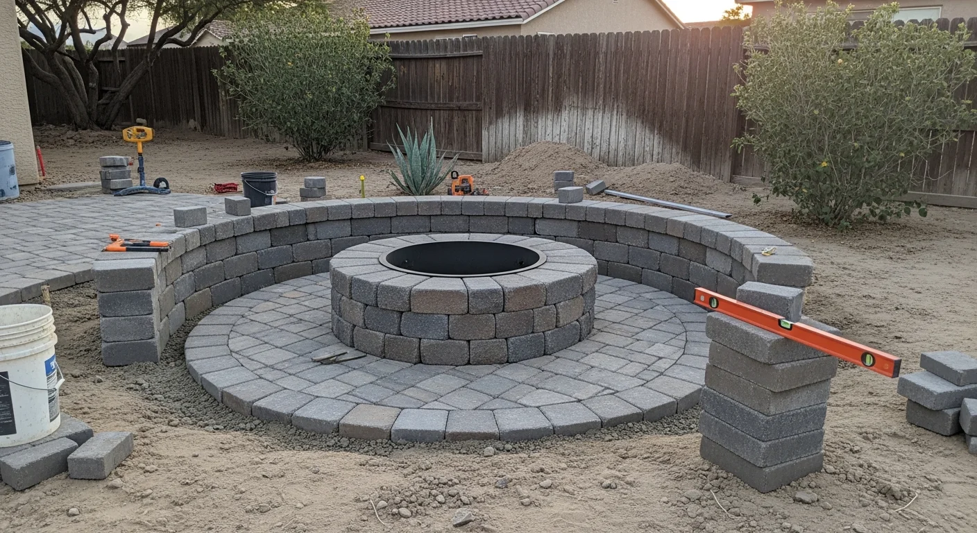 A completed outdoor firepit installation by Aldana Studios LLC in a Henderson backyard, featuring a built-in hardscape surround with a paver patio base. The firepit is set away from the home's exterior wall with a clean stone finish that matches the surrounding outdoor living area.