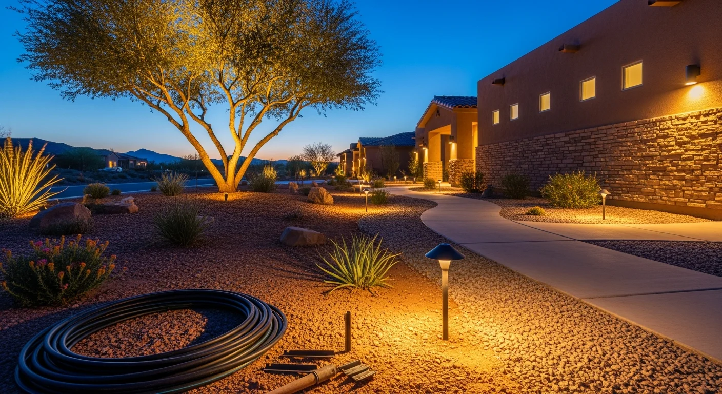 A Henderson residential backyard at night with low-voltage uplighting illuminating desert trees and a stone pathway leading to a covered patio. Warm-toned accent lights highlight the stucco facade and native landscaping along the property border.