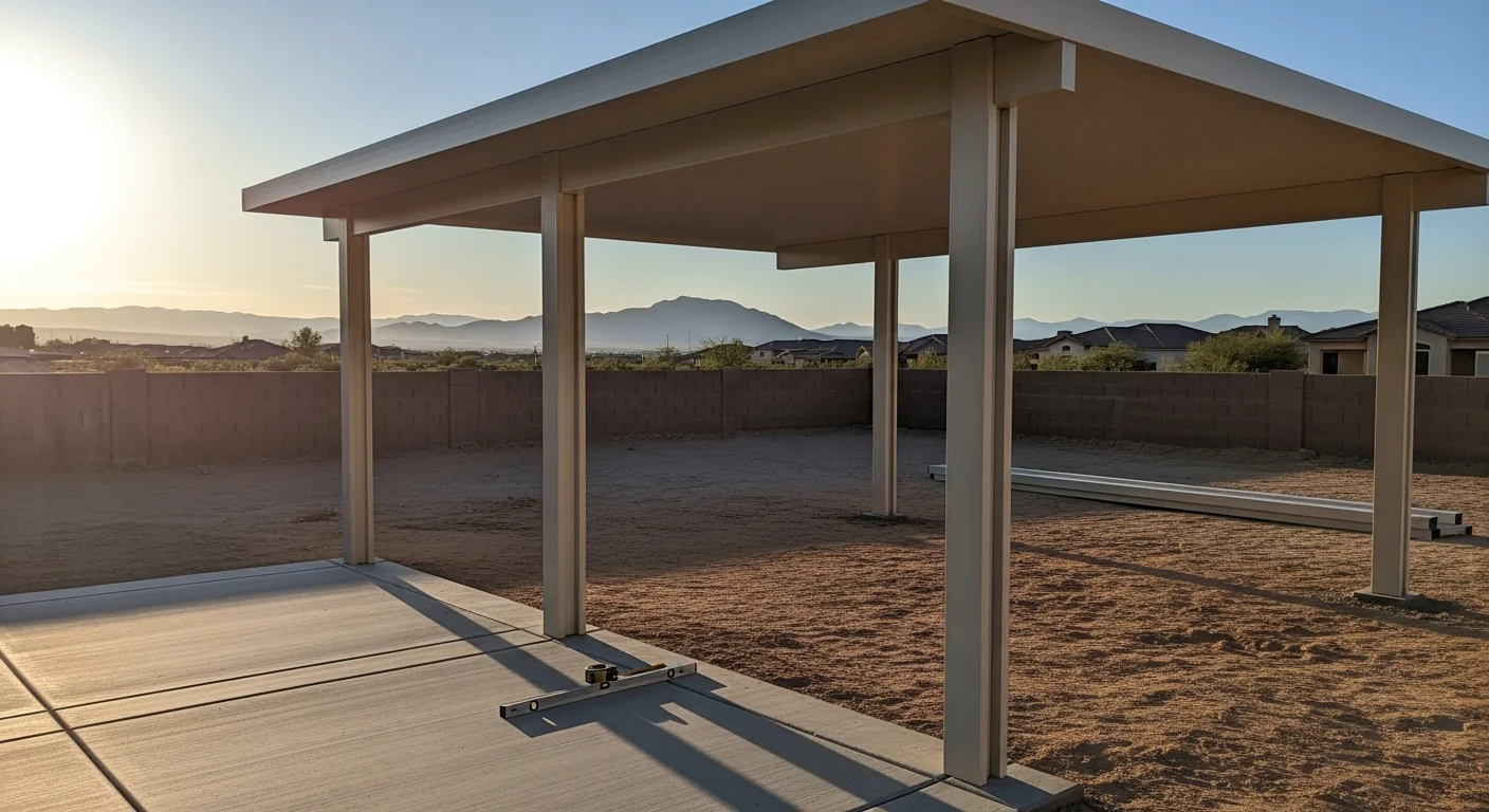 A finished patio cover installation on a Henderson, Nevada home, showing a solid overhead structure attached to the rear of a single-story desert residence with a concrete patio below. The cover provides full shade over an outdoor seating area against a clear blue Nevada sky.