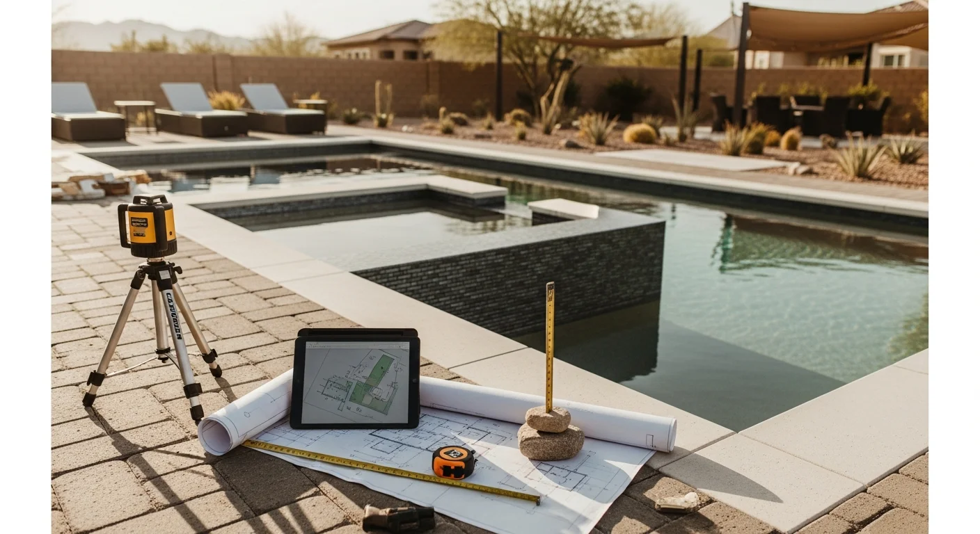 A custom backyard pool and integrated spa designed by Aldana Studios LLC in Henderson, Nevada, with desert-appropriate hardscaping and clean geometric lines. The outdoor space reflects Southern Nevada's outdoor living culture with a water-efficient layout suited to the arid climate.