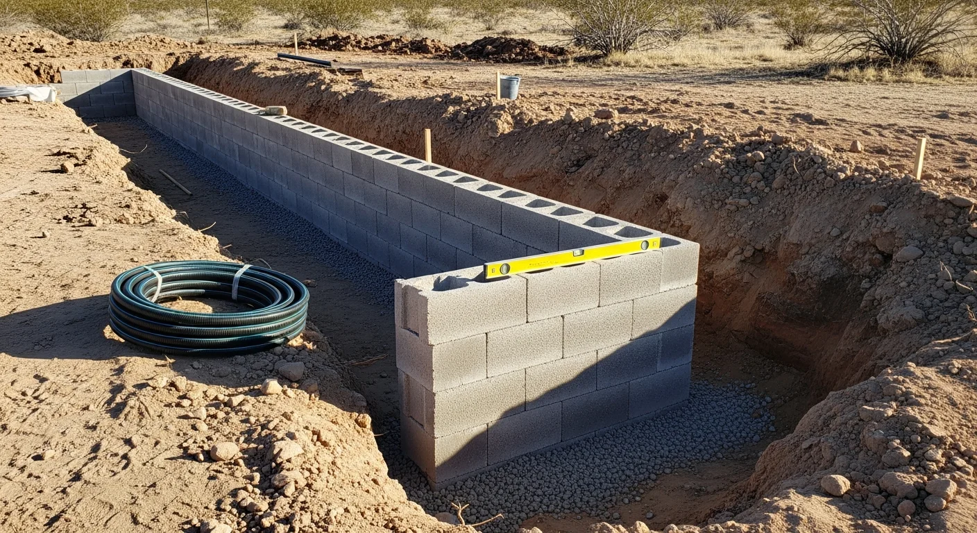A finished multi-course retaining wall built by Aldana Studios LLC in a Henderson, NV backyard, creating two level tiers of usable outdoor space on a previously sloped lot. Desert-compatible landscaping lines the upper tier against a clear Nevada sky.
