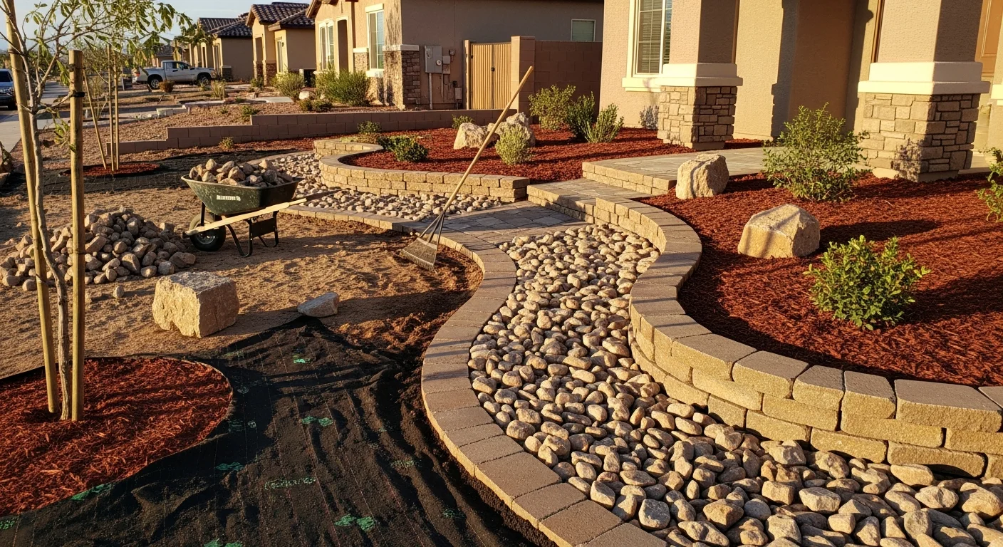 A finished Henderson residential front yard with decorative rock ground cover installed over weed barrier, featuring clean stone borders and drought-tolerant desert plants. The yard shows defined grading and even rock coverage typical of Aldana Studios LLC landscape installations in Henderson, Nevada.