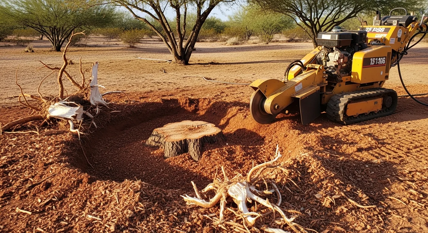 A freshly ground tree stump in a Henderson residential backyard, with the surrounding desert landscape and gravel ground cover visible. The stump area has been cleared to below ground level, leaving a clean, level surface ready for new landscaping.