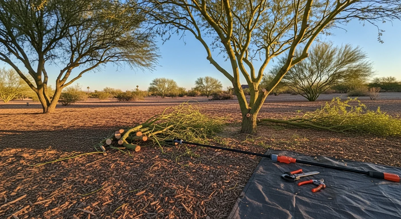 A neatly pruned mesquite tree in a Henderson, Nevada residential backyard, with a clean canopy and no overhanging branches near the roofline. A pile of trimmed branches sits on the ground beside the tree, ready for removal.